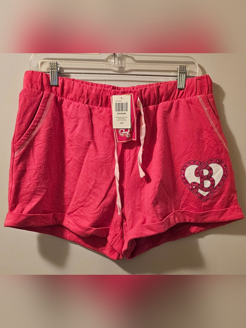 BARBIE Pink Rhinestone Cuff Drawstring 2 Pocket Shorts Size L NWT‎